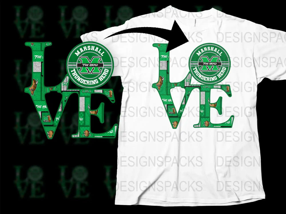 Marshall Thundering Herd LOVE design on white t-shirt, green collegiate graphic, print-ready