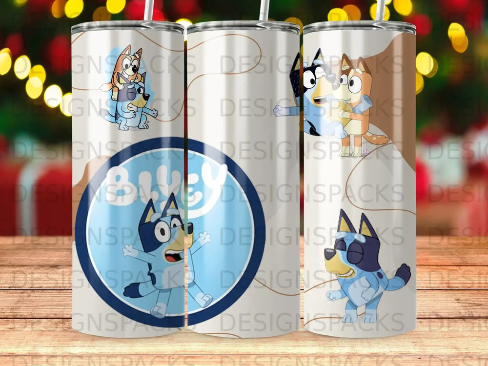 Bluey and Bingo characters on a blue and white speckled tumbler.