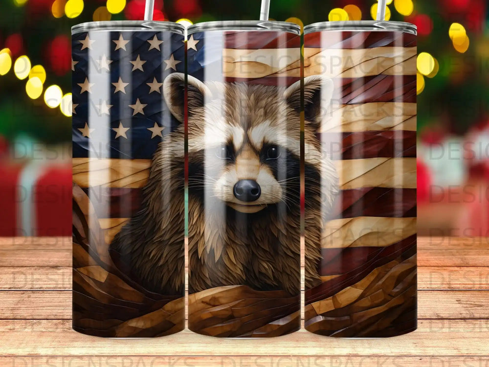 Raccoon on distressed American flag background, tumbler design.