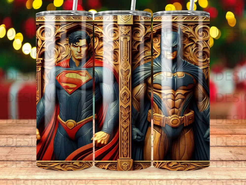 Superman and Batman designs on three tall, gold-accented tumblers.