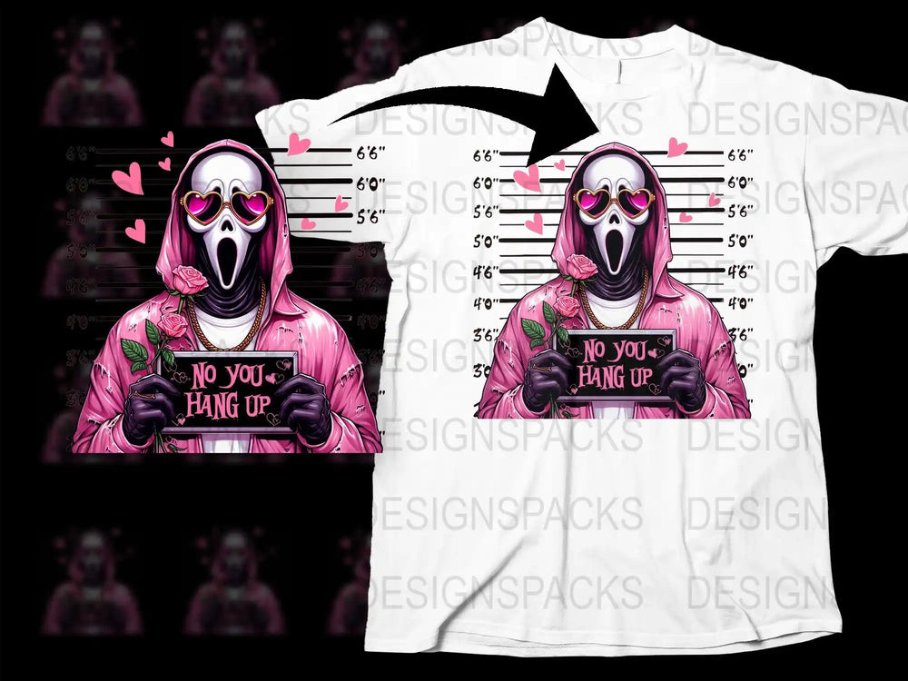 Pink Scream mask design with roses and 'No You Hang Up' text on white t-shirt