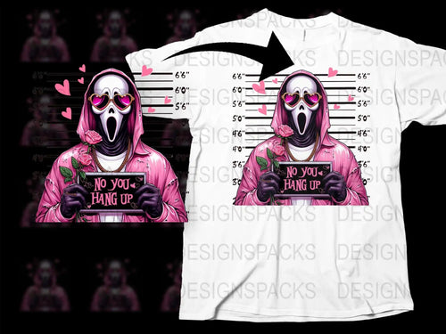 Pink Scream mask design with roses and 'No You Hang Up' text on white t-shirt