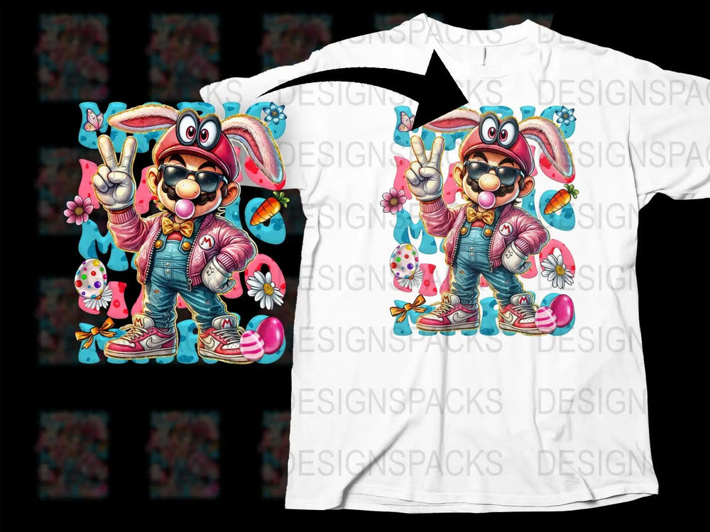 Easter Mario bunny design for t-shirt, print-ready PNG with eggs, flowers, and carrots