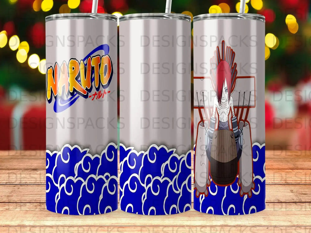 Naruto themed tumbler with swirling blue cloud pattern.