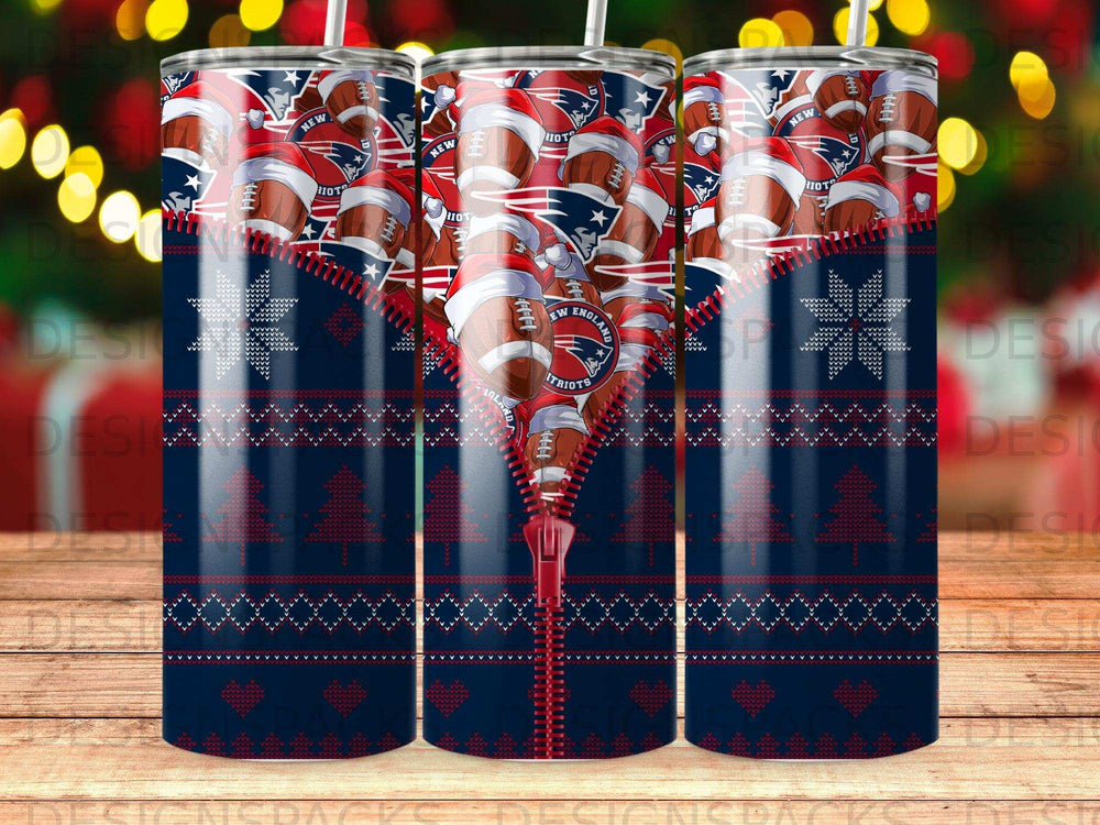 New England Patriots zipper tumbler with festive blue and red patterned design.