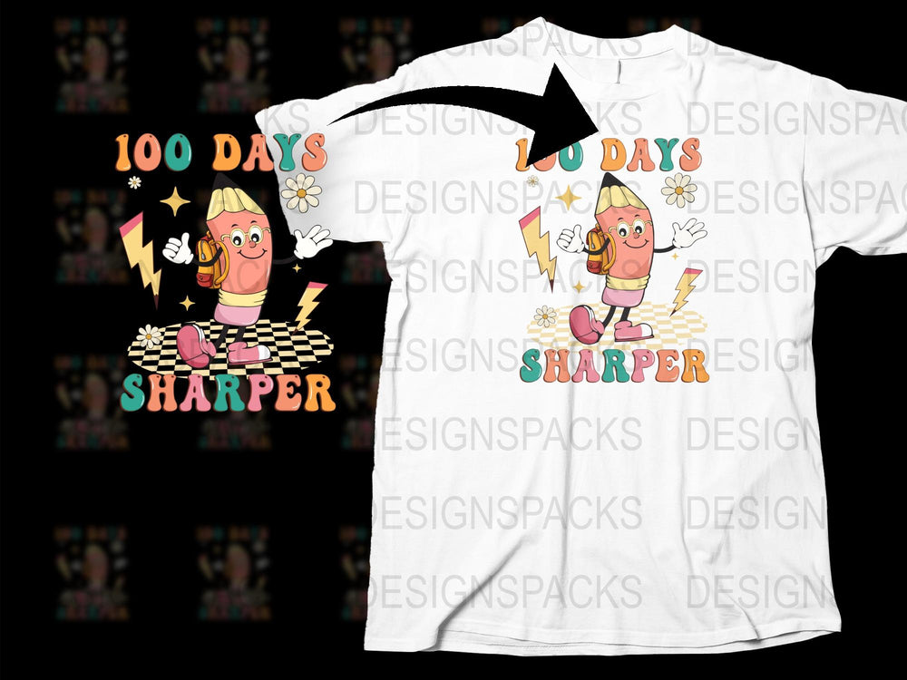 100 Days Sharper Pencil Graphic T-Shirt, Kids School Celebration Tee, Colorful Teacher Appreciation Shirt Design