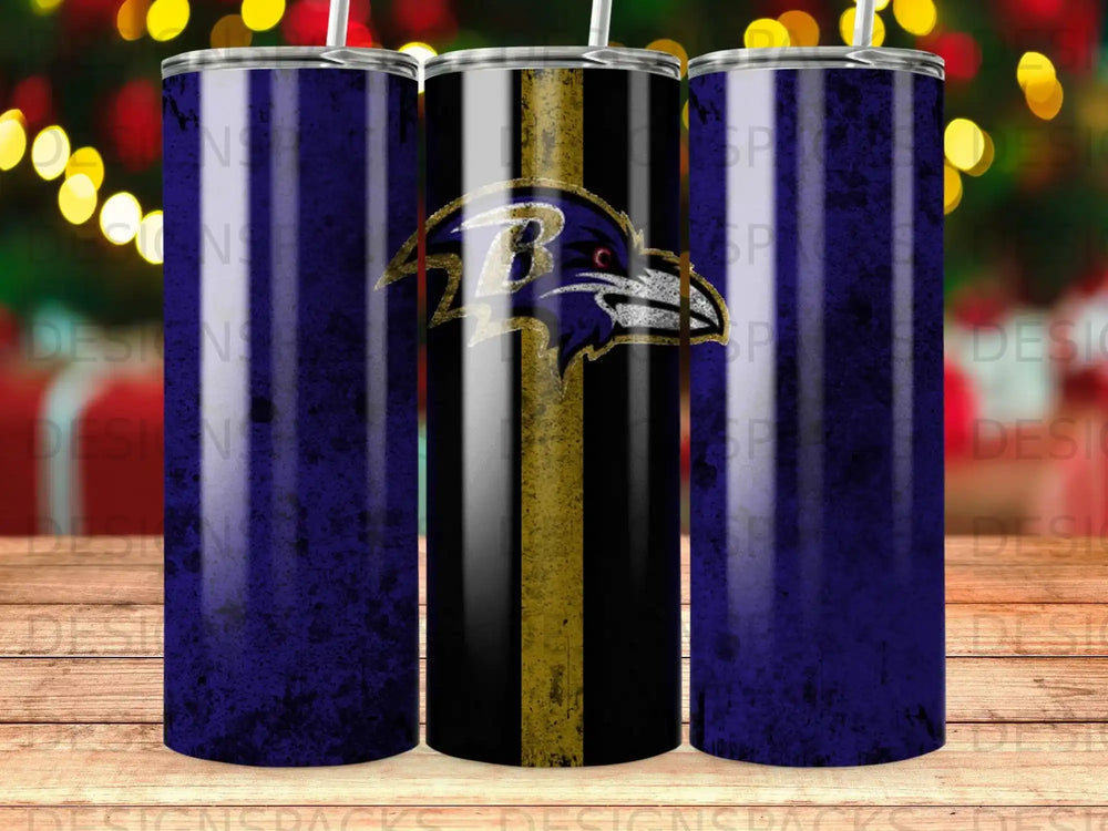 Baltimore Ravens logo on a purple tumbler with bokeh background.