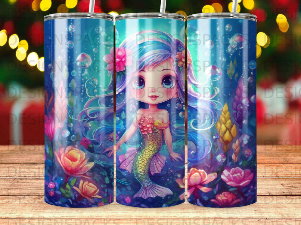 Cartoon mermaid with blue hair and a pink tail swims underwater with flowers.