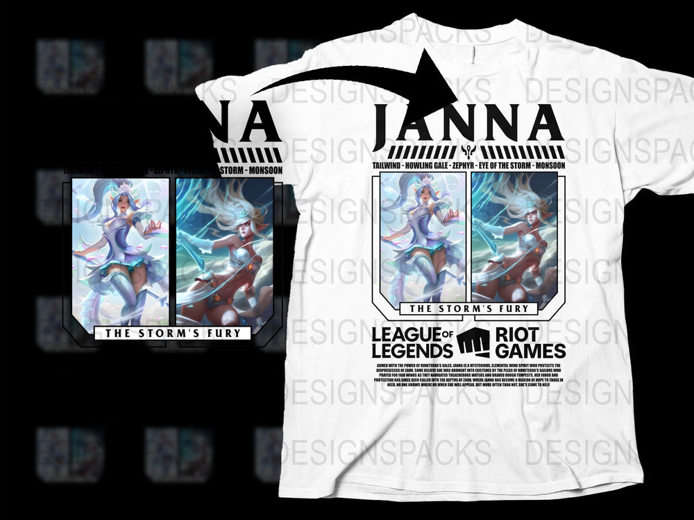 League of Legends Janna T-Shirt, Storm's Fury Graphic Tee, Gaming Apparel, Unisex White Shirt