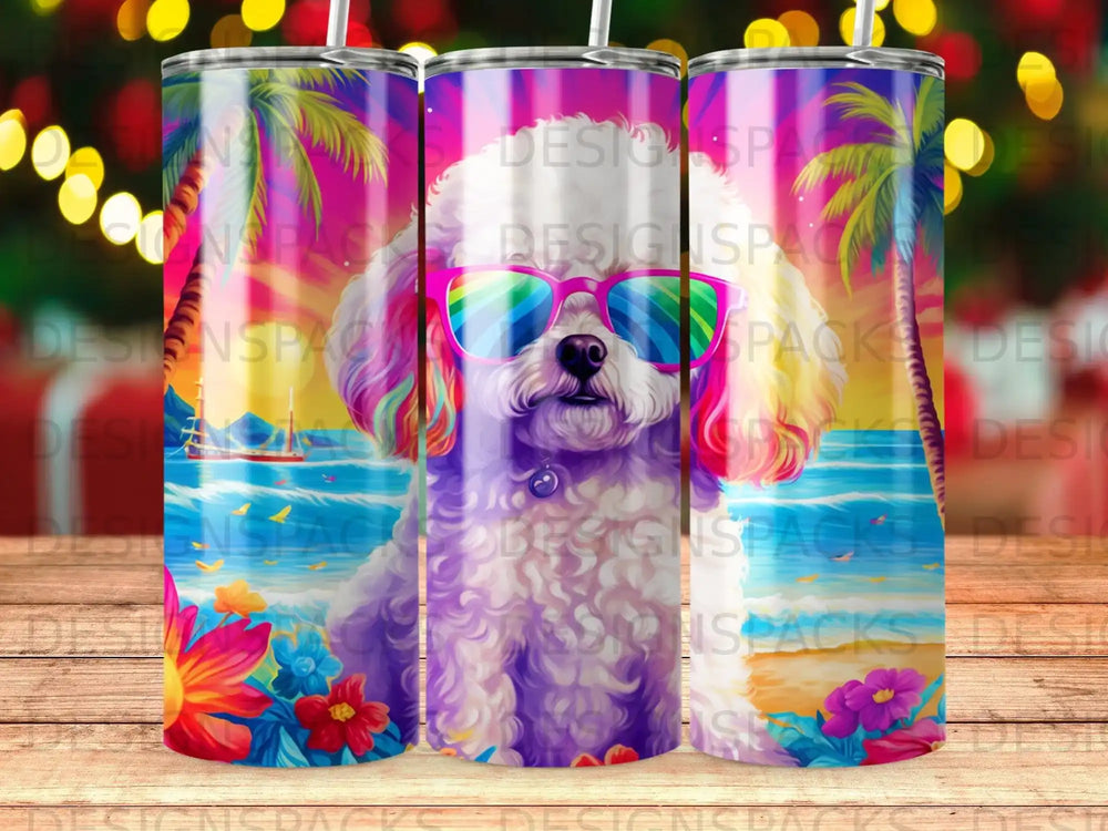 White fluffy dog wearing sunglasses on a tropical beach scene.