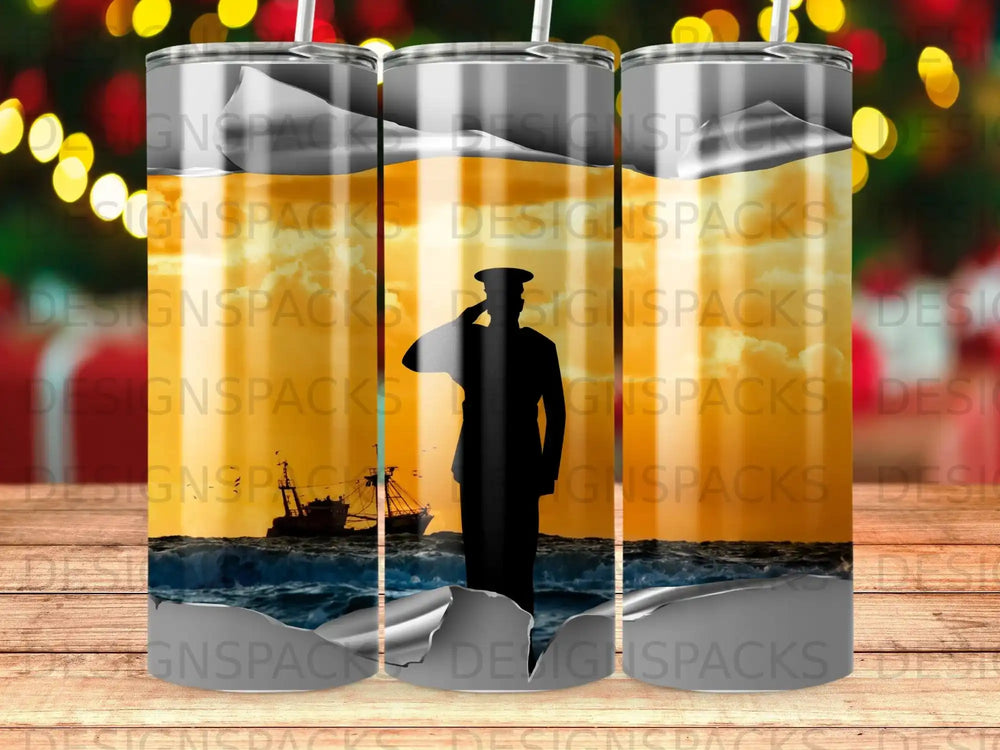 Sailor saluting at sunset with ship and stormy sea, on a tumbler.