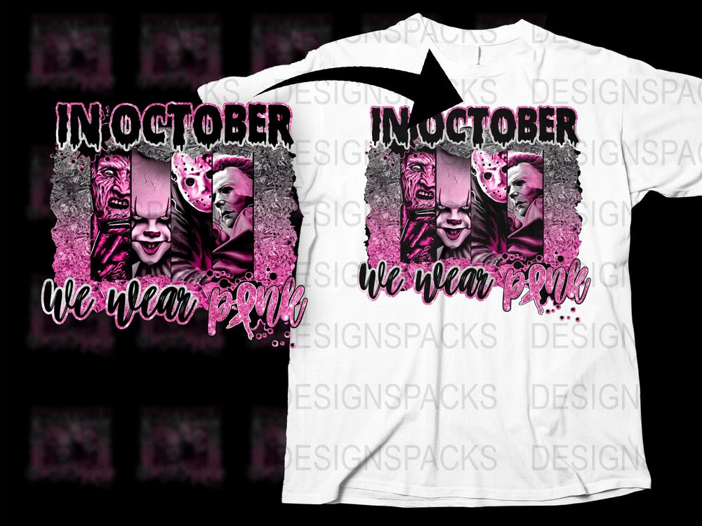 In October We Wear Pink Horror Movie T-Shirt, Breast Cancer Awareness, Halloween Tee, Unisex Graphic Shirt