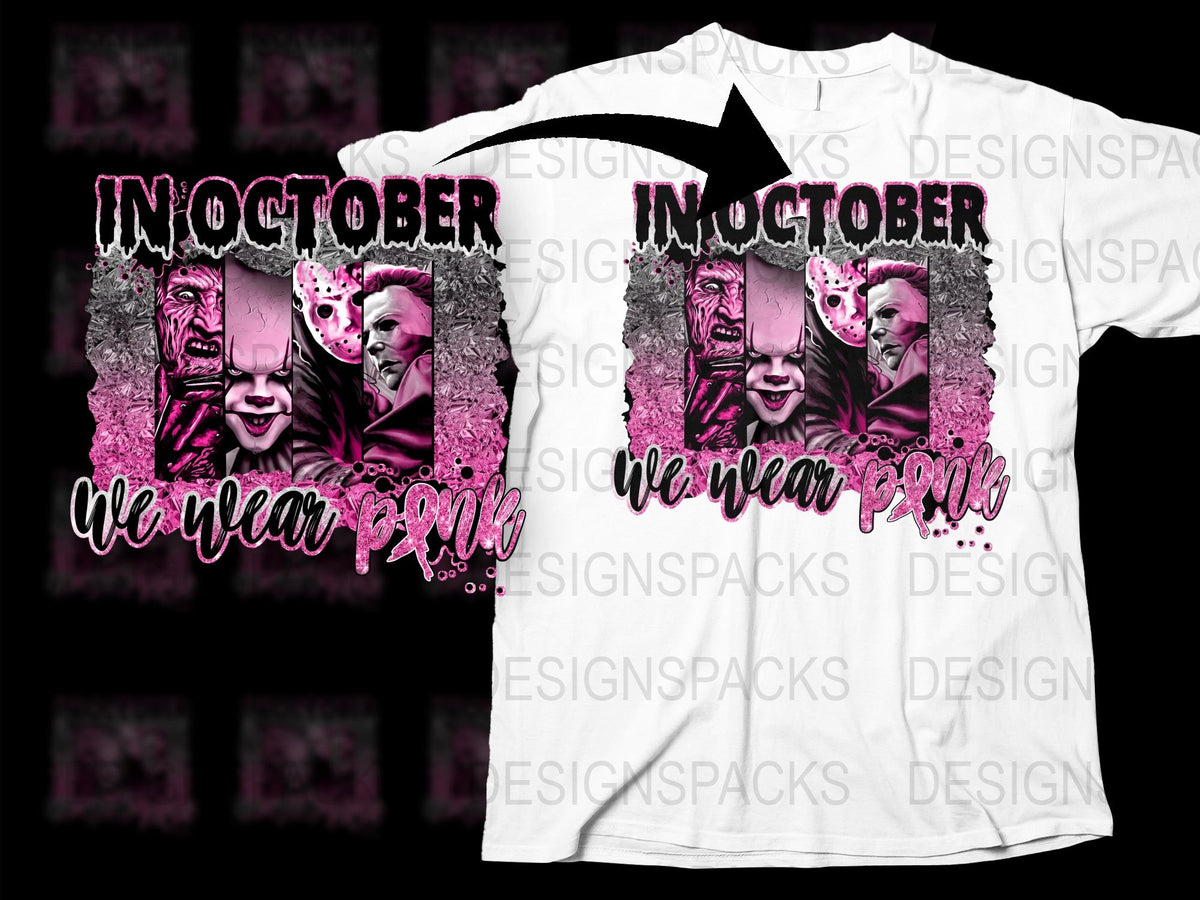 In October We Wear Pink Horror Movie T-Shirt, Breast Cancer Awareness, Halloween Tee, Unisex Graphic Shirt