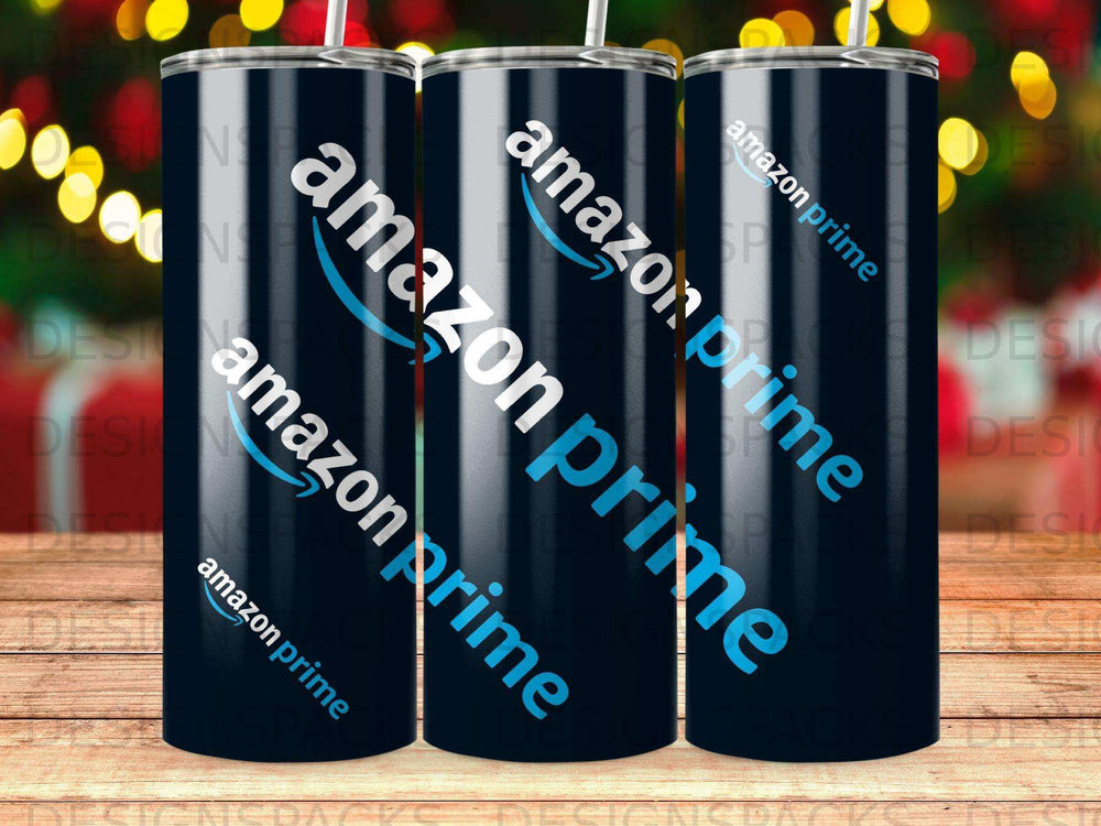 Three cylindrical tumblers with Amazon Prime logo.
