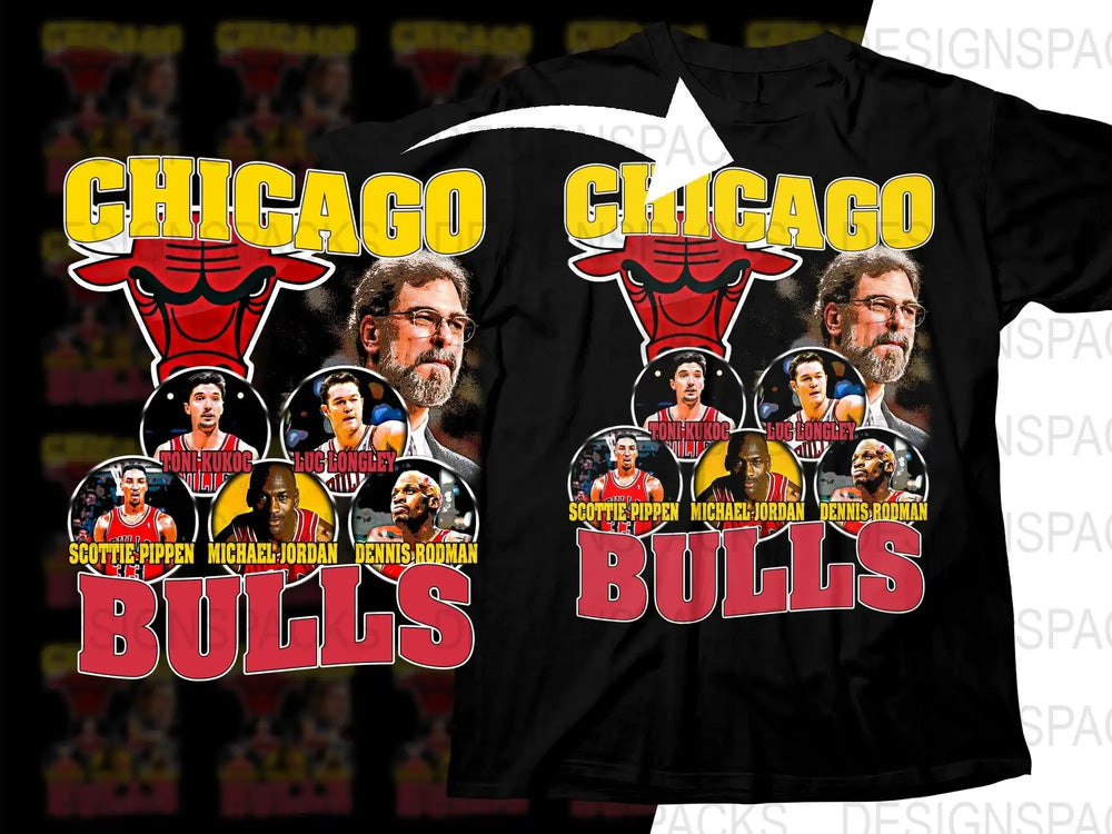Chicago Bulls t-shirt featuring Michael Jordan, Scottie Pippen, and team legends in bold design