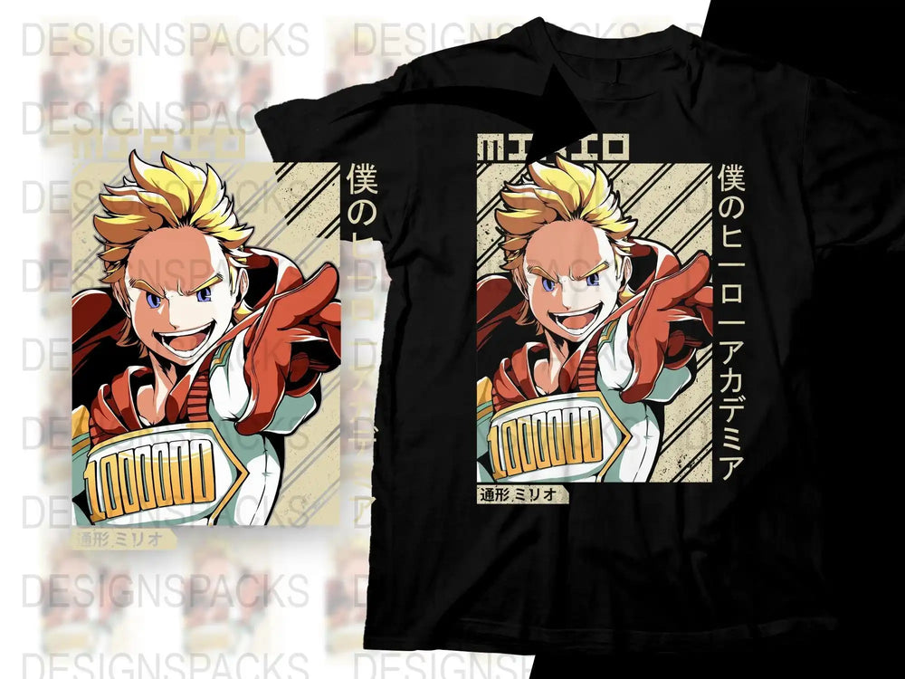 Anime character t-shirt design with bold colors and Japanese text, perfect for print-on-demand
