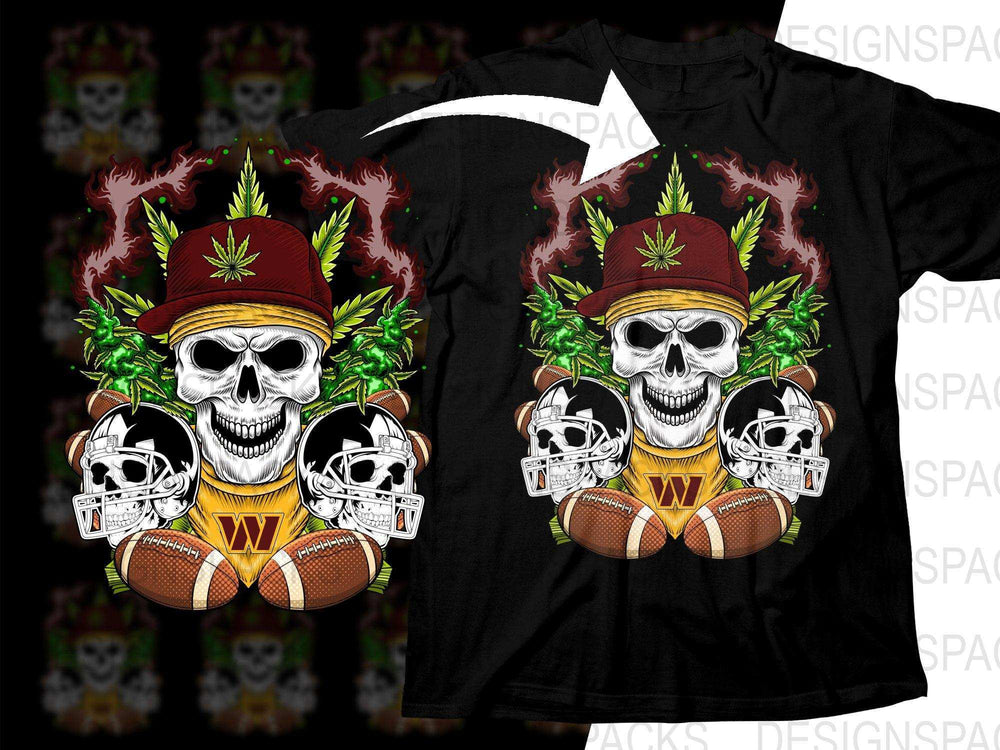 Skull in cap with cannabis leaves, footballs, and helmets on black T-shirt design