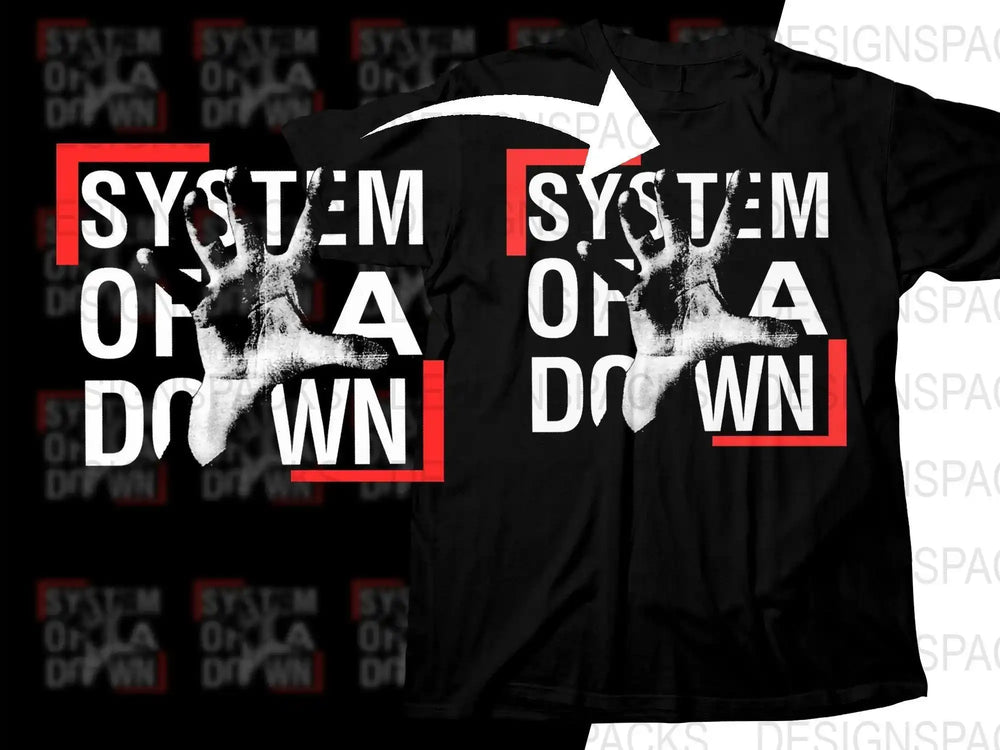 System of a Down band t-shirt design with bold white text and red accents, print-ready for DTG or DTF.