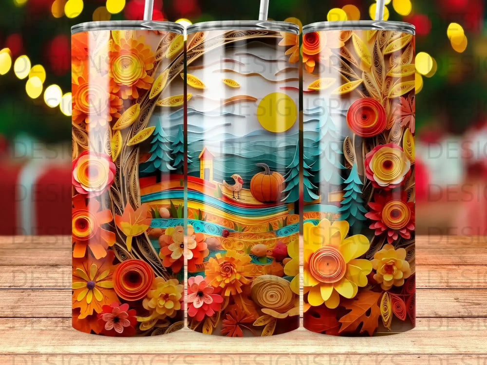 Fall harvest scene with pumpkins, trees, and flowers on a tumbler.