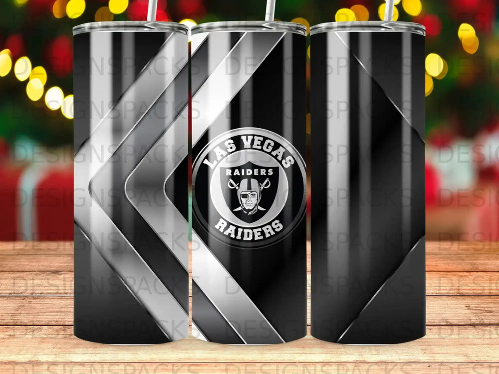 Las Vegas Raiders logo on a black and silver geometric pattern tumbler.