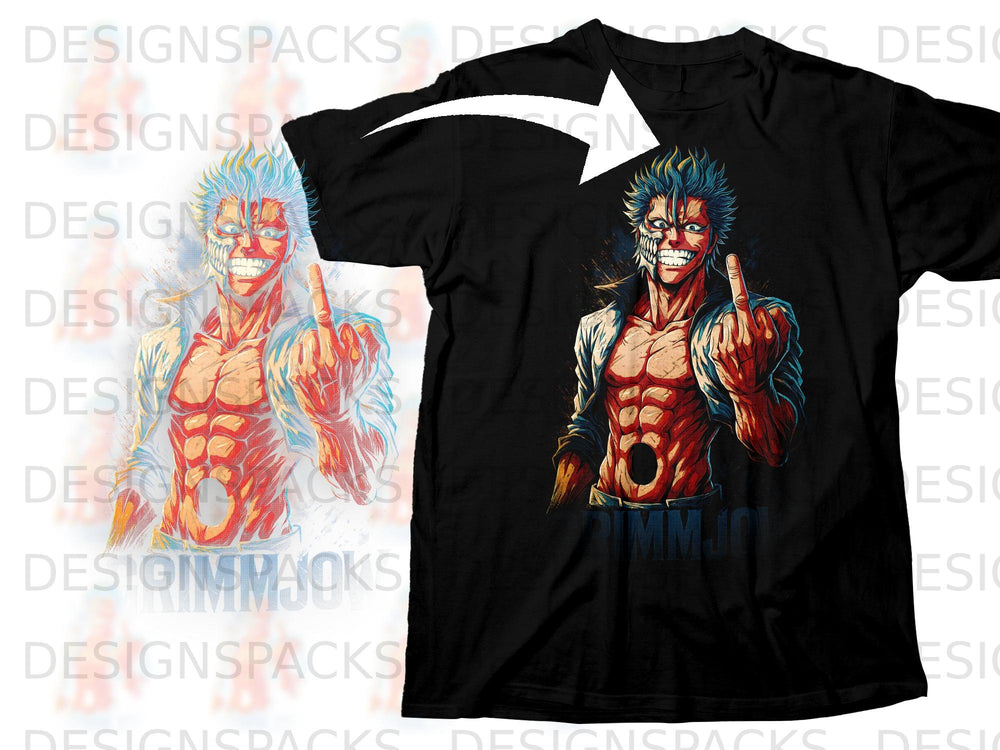 Black t-shirt with anime character art, showing a muscular figure with a split face and middle finger.