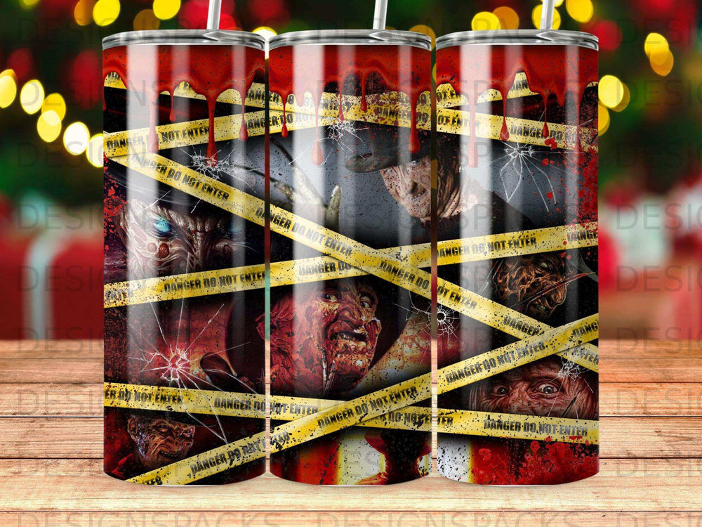 Horror movie characters on a tumbler with "DANGER DO NOT ENTER" tape.