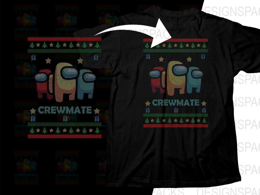 Black t-shirt with colorful Among Us crewmate design and festive knit pattern