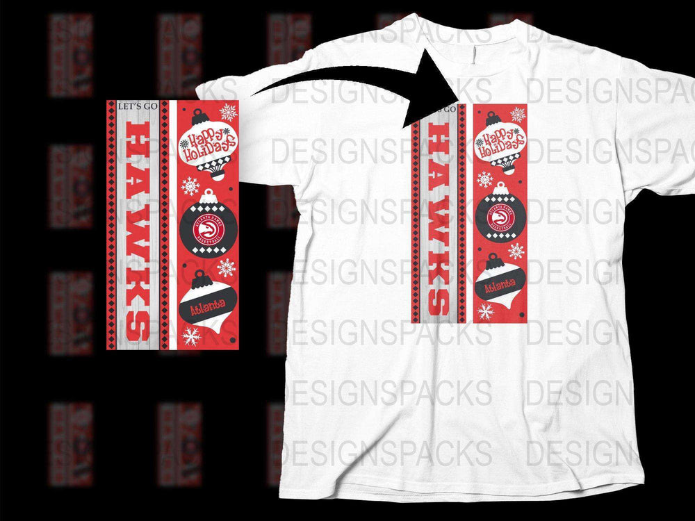 Holiday Hawks t-shirt design with Christmas ornaments and snowflakes, perfect for Atlanta fans.