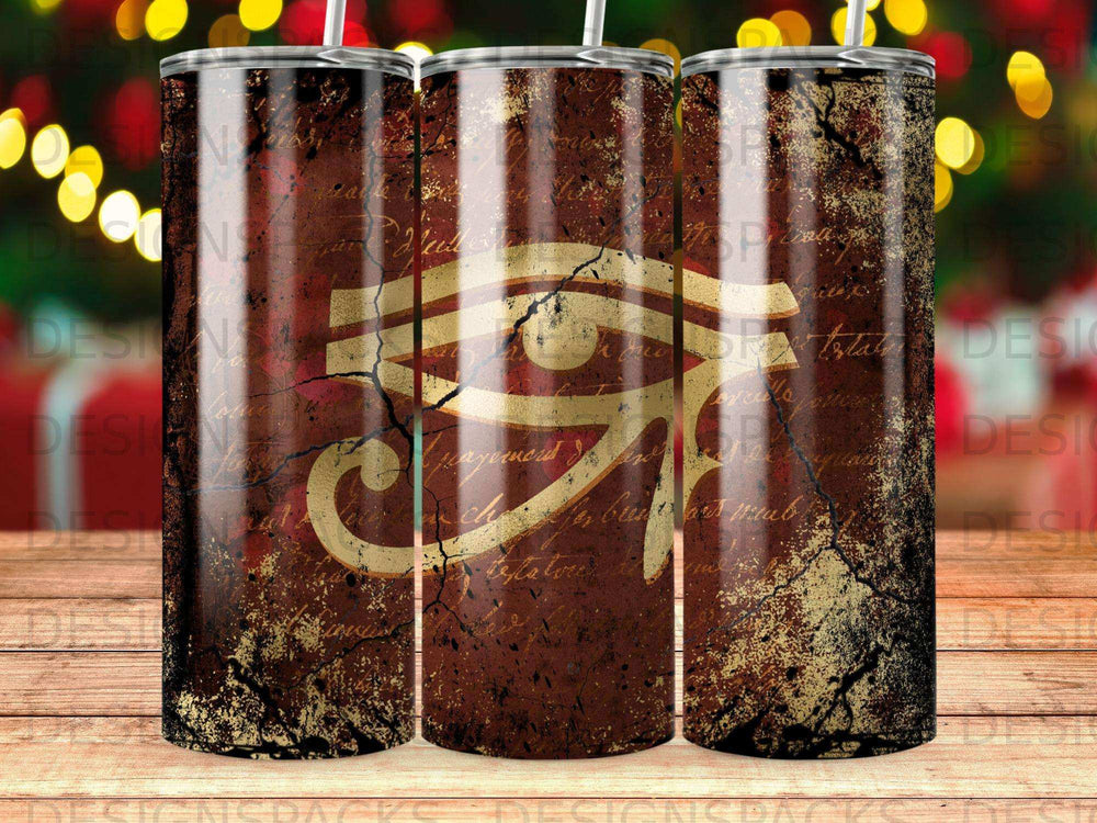 Brown tumbler with Eye of Horus symbol and aged paper texture.