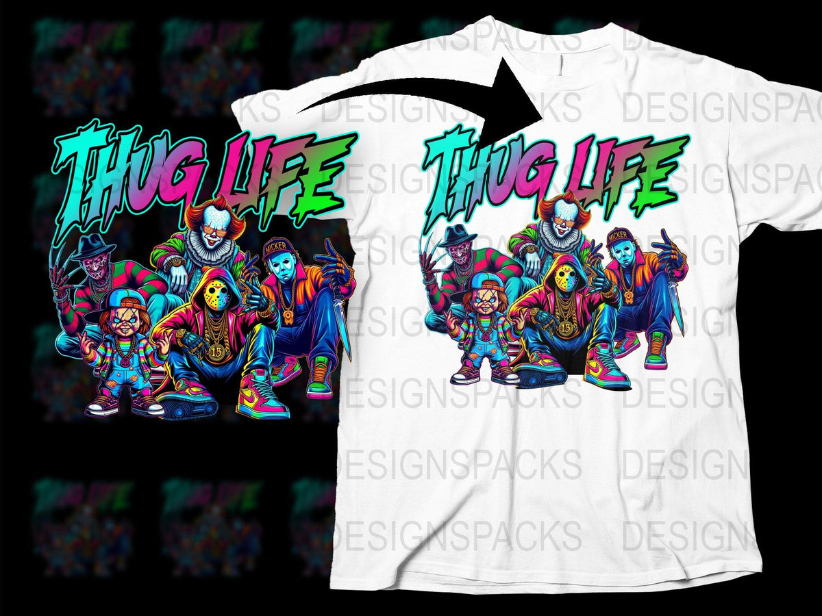 Thug Life Cartoon Characters T-shirt, Colorful Graphic Tee, Street Style Urban Clothing, Hip Hop Inspired Fashion Shirt for All Ages