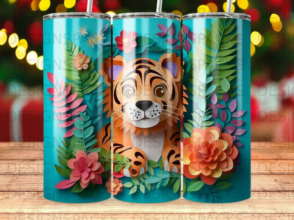 Tiger with flowers and leaves on a striped background.