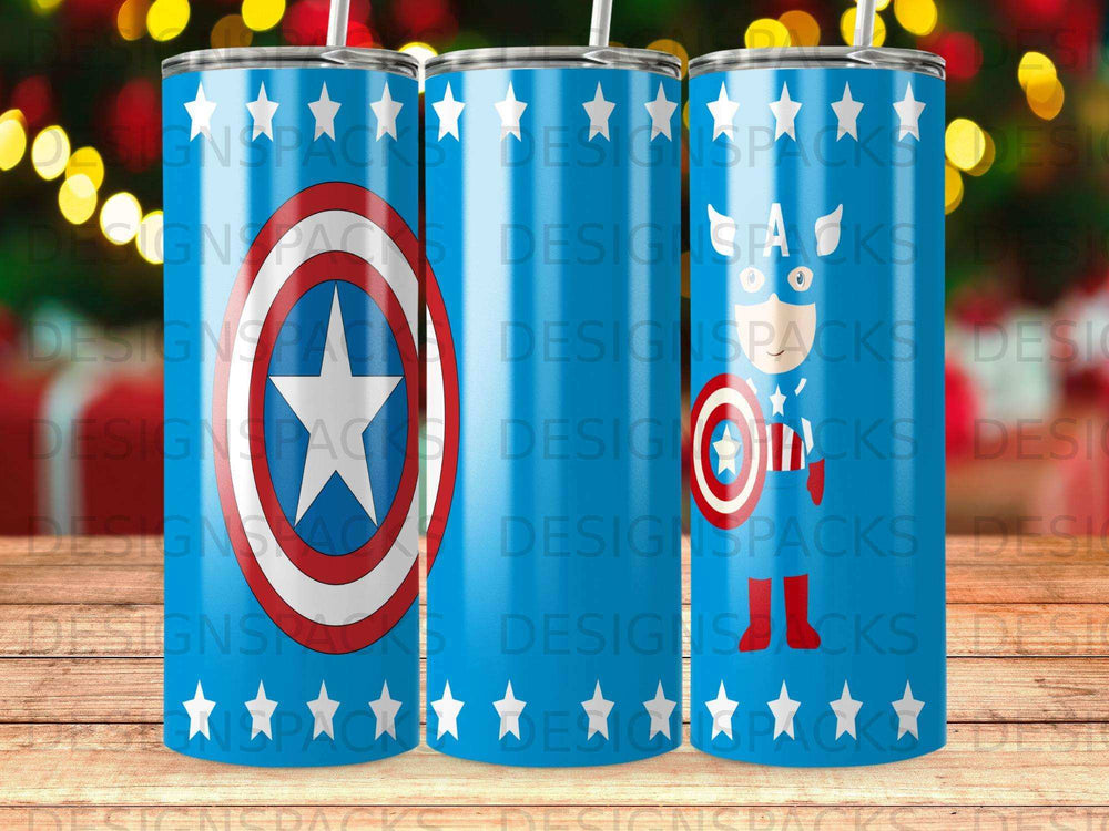 Blue tumbler with Captain America shield and stars pattern.