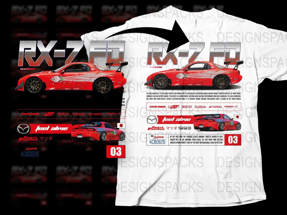 RX-7 FD t-shirt design featuring red sports car, Fast & Furious theme, and 1993 Mazda details