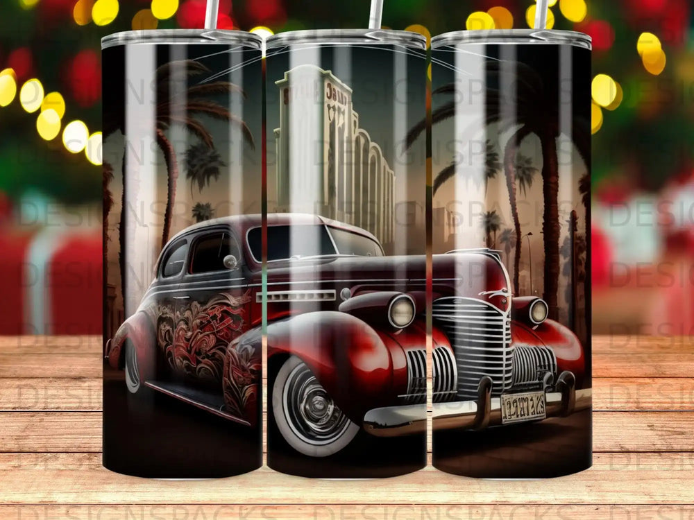 Vintage red hot rod car with ornate detailing in front of palm trees.