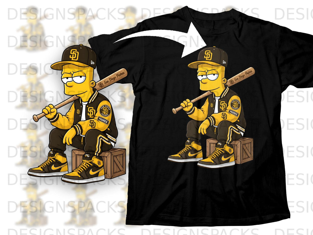 Bart Simpson wears San Diego Padres jacket and cap, holding a baseball bat.