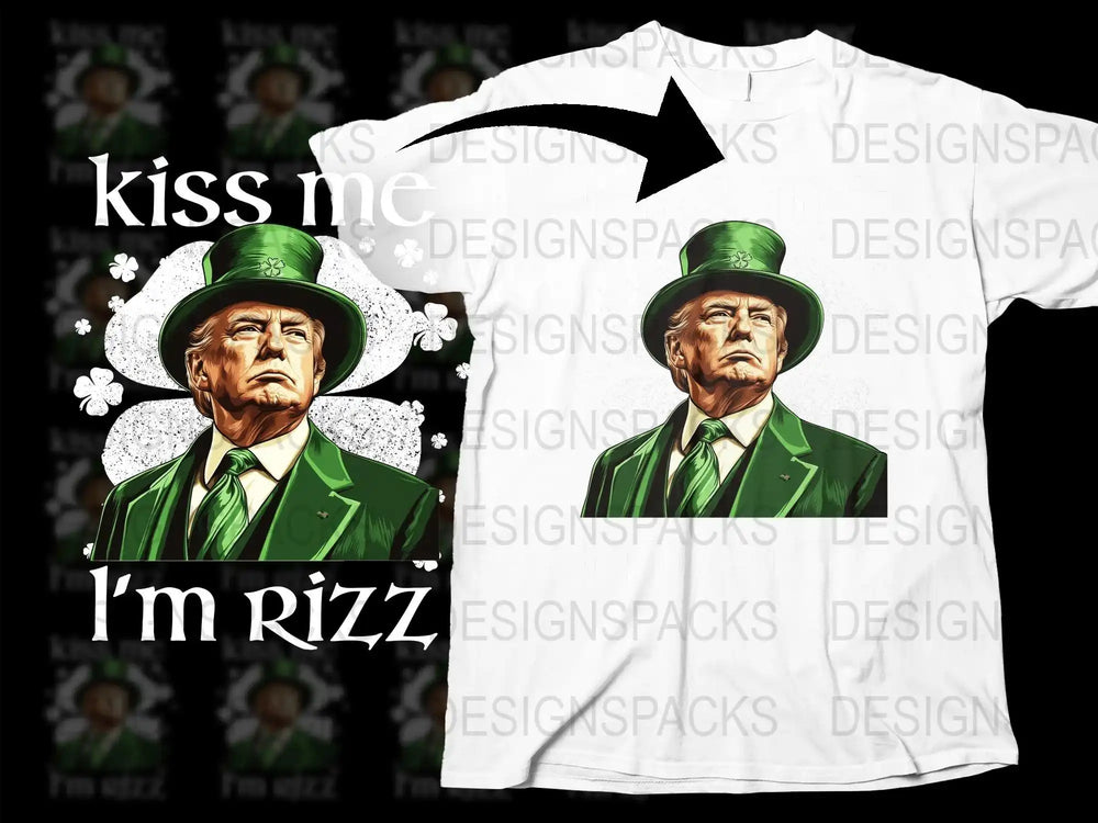 St. Patrick's Day t-shirt design with green suit, hat, and shamrocks, print-ready for DTG/DTF.