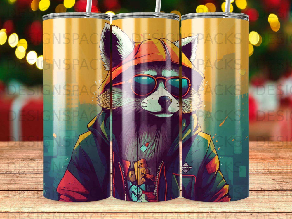 Cartoon raccoon wearing sunglasses and a jacket, against a blurred holiday background.