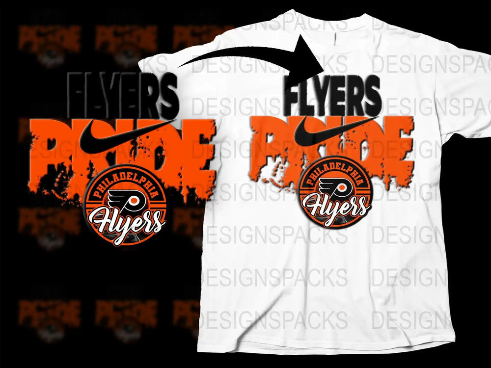 Philadelphia Flyers pride t-shirt design with Nike swoosh, orange and black graphics
