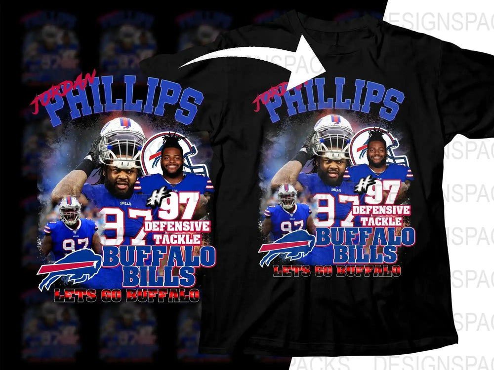 Jordan Phillips #97 Buffalo Bills defensive tackle t-shirt design with team logo and 'Let's Go Buffalo'