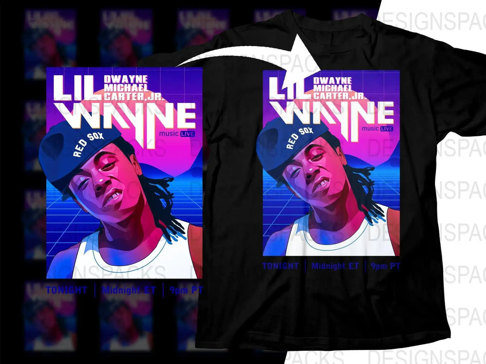 Lil Wayne music live t-shirt design with vibrant retro graphics and Red Sox cap