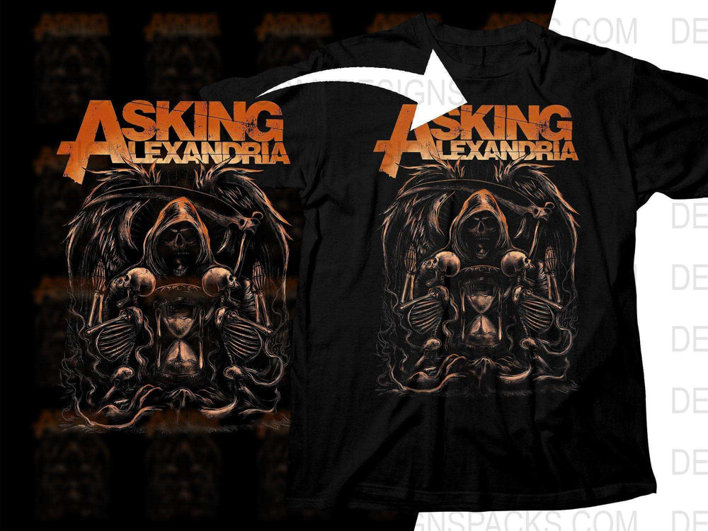 Asking Alexandria band t-shirt with grim reaper design, print-ready for DTG or DTF