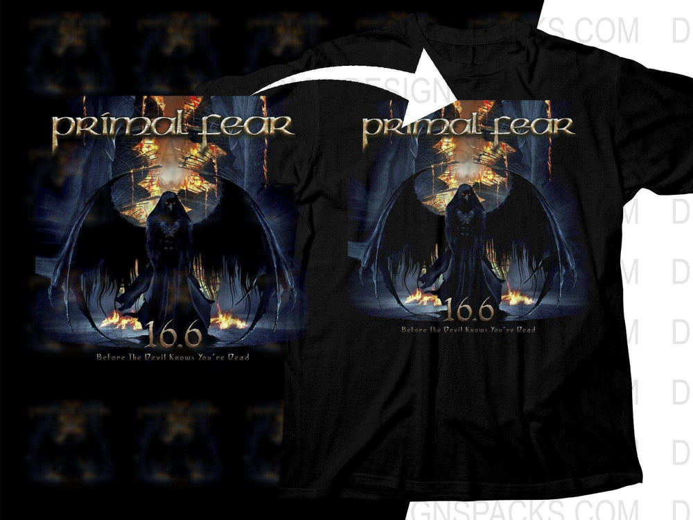 Primal Fear 16.6 band t-shirt design with dark angel, flames, and gothic text for DTF/DTG printing