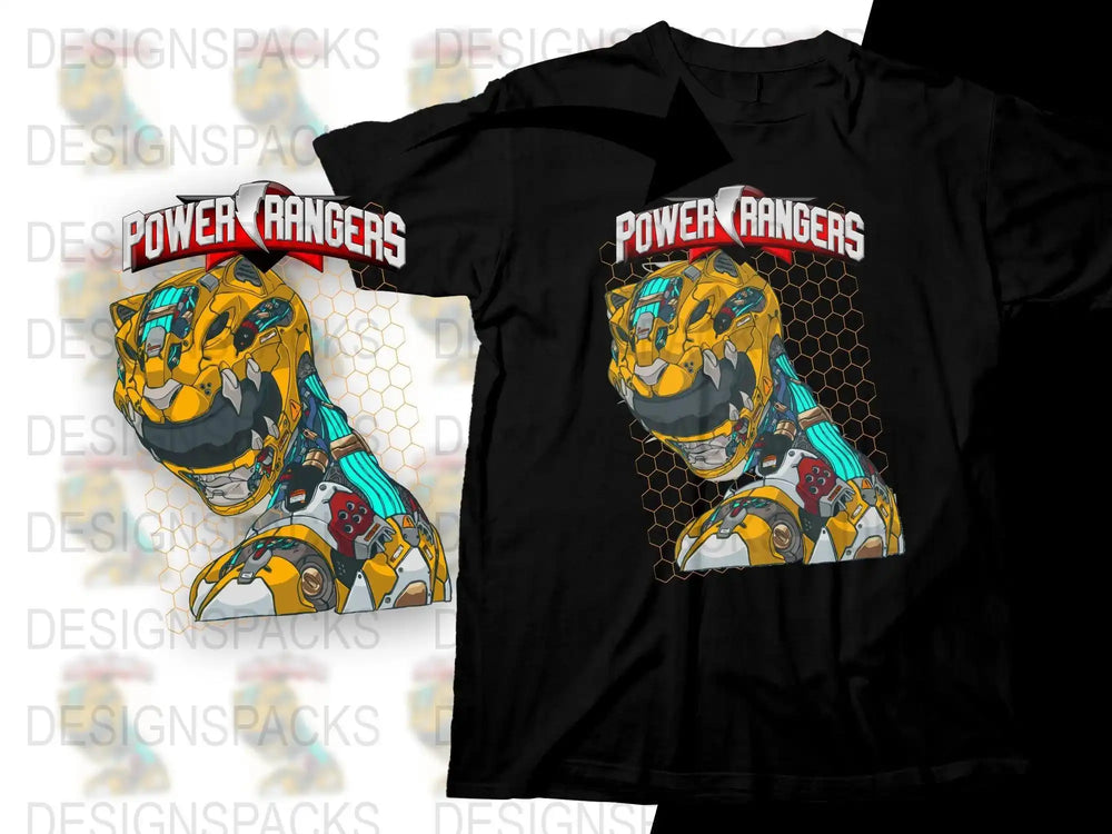 Power Rangers yellow ranger robot design on black t-shirt, print-ready PNG SVG for DTG DTF