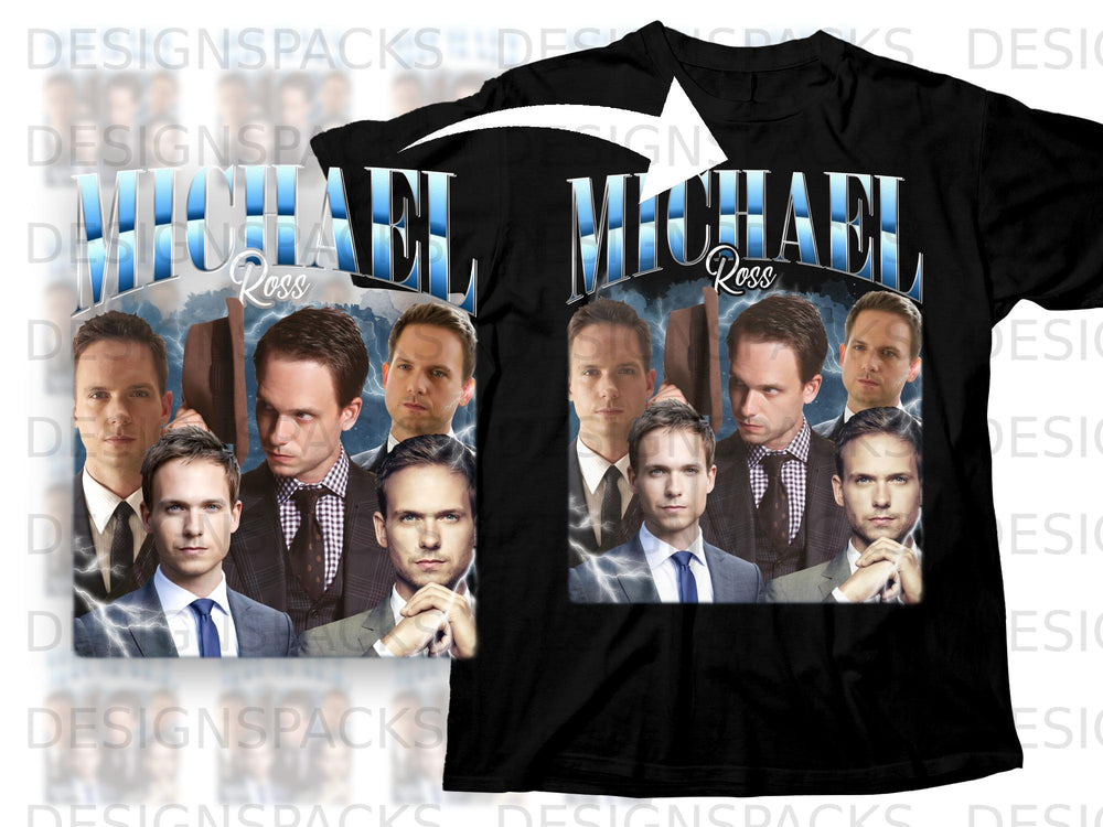 Black t-shirt featuring "MICHAEL ROSS" and cast members from the show Suits.