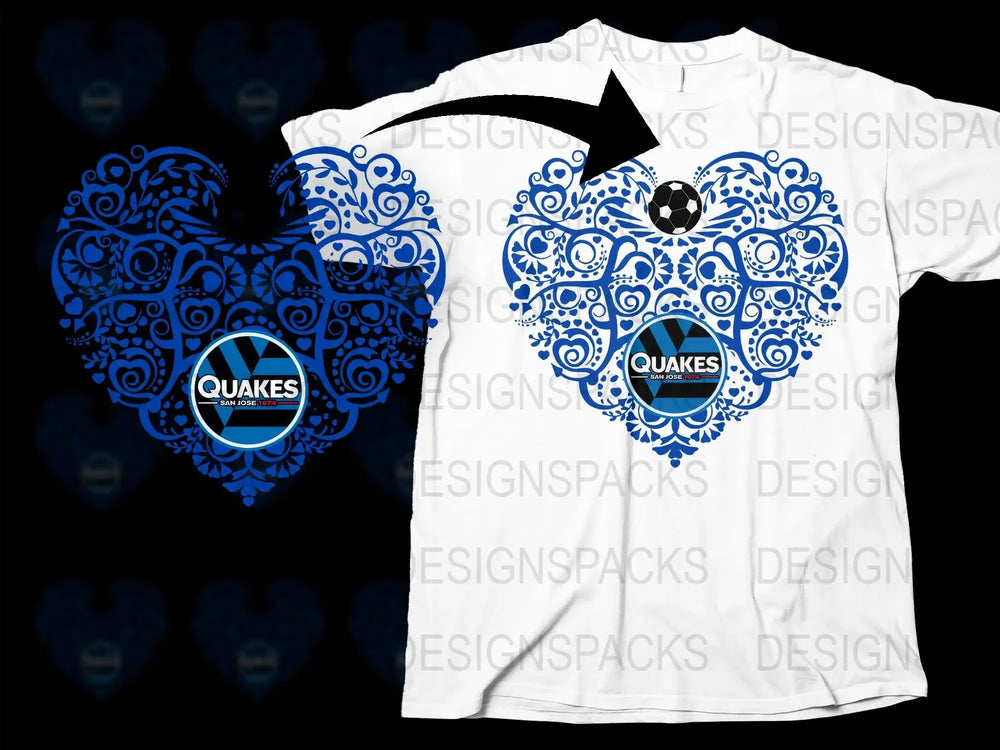 Blue heart design with Quakes San Jose 1974 logo on white t-shirt, soccer-themed print-ready graphic