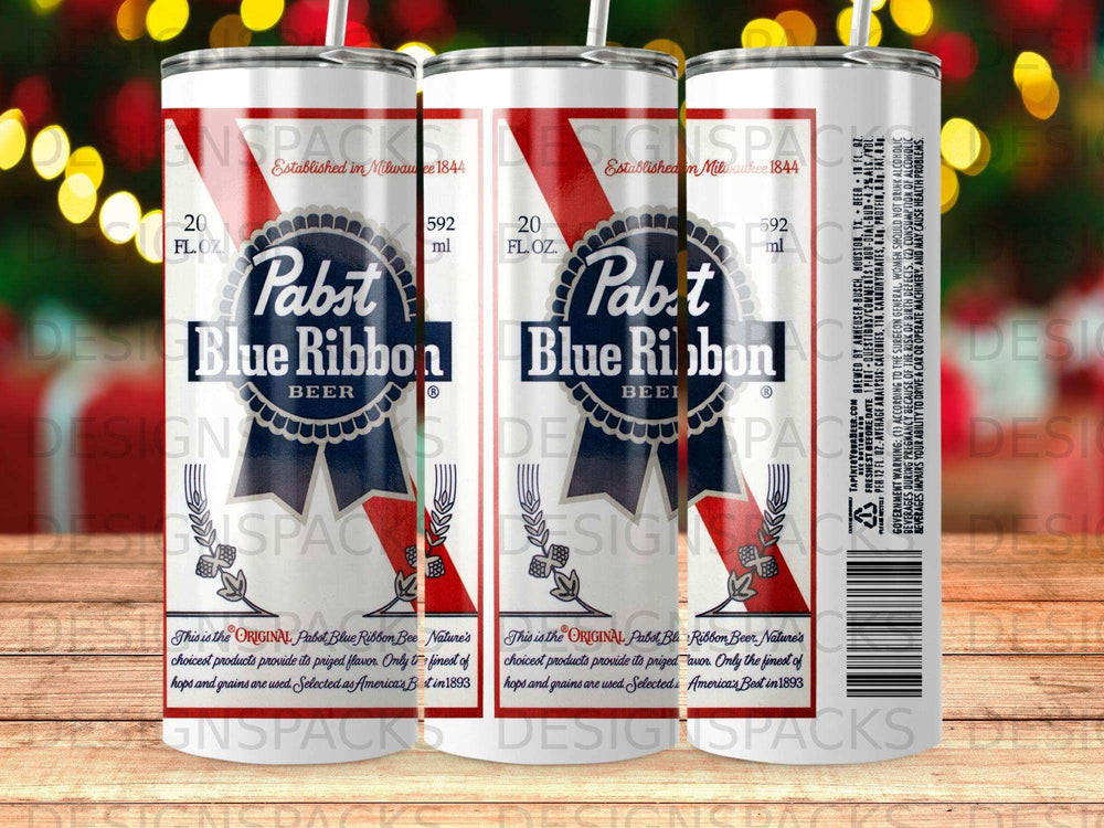 Pabst Blue Ribbon beer can with blue ribbon and text detailing ingredients and history.