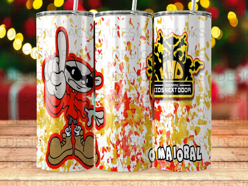 KND Kids Next Door operative with F.N.D. and OMALORAL text on tumbler.