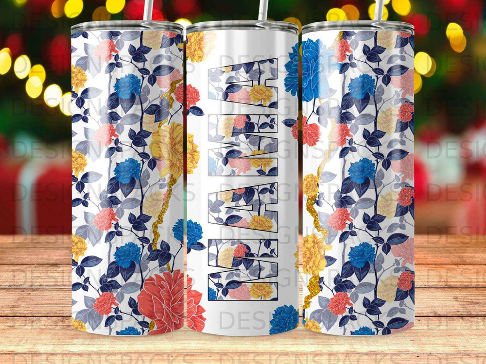 White tumbler with "Mama" in floral letters, surrounded by blue and yellow flowers.