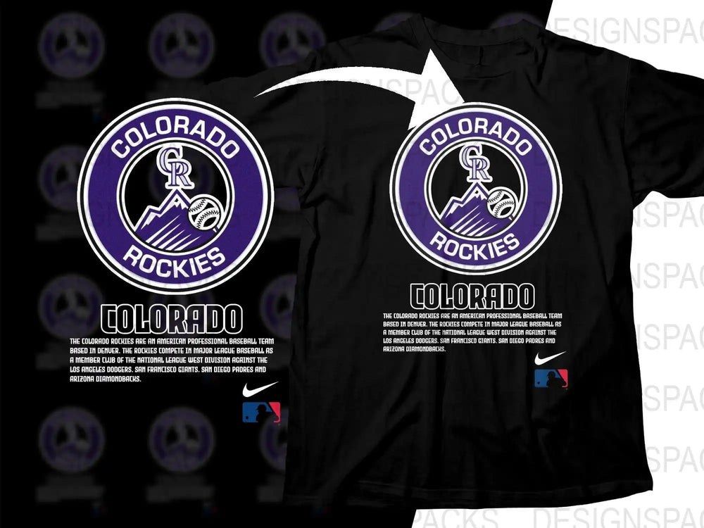 Colorado Rockies baseball team logo on black t-shirt, featuring purple circular design with mountains and baseball.