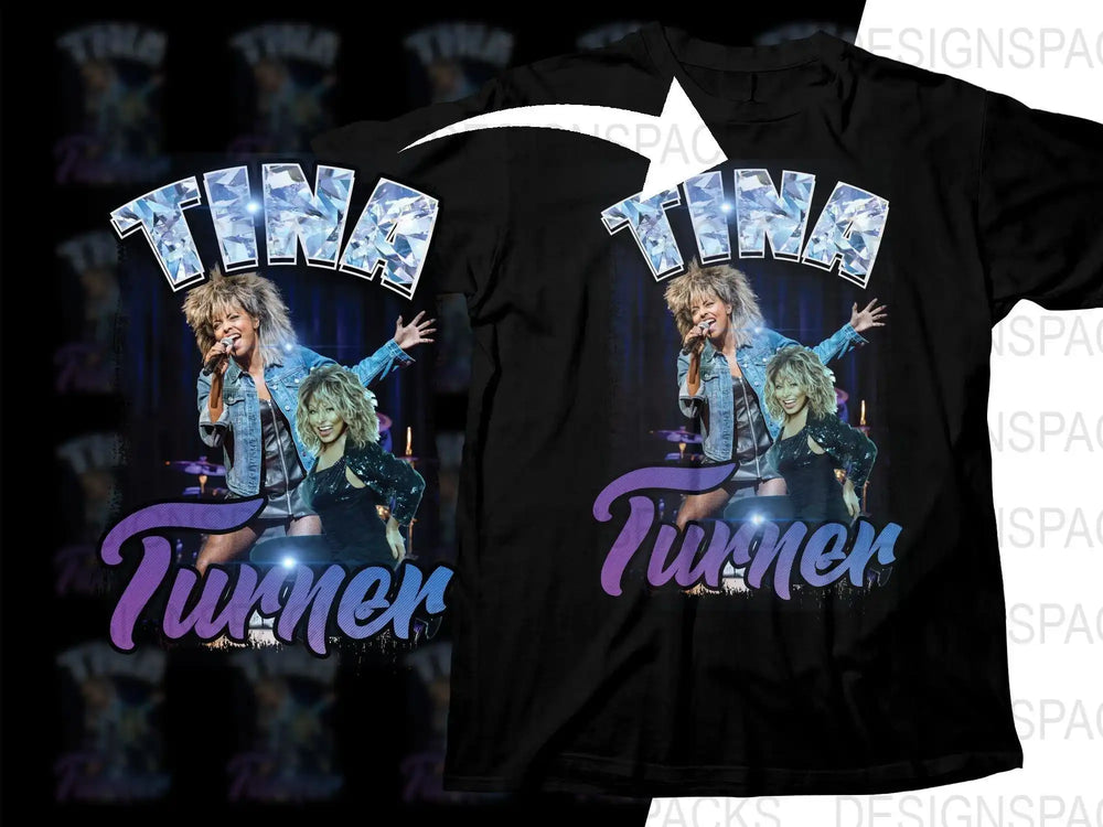 Tina Turner concert design on black t-shirt, print-ready for DTG or DTF